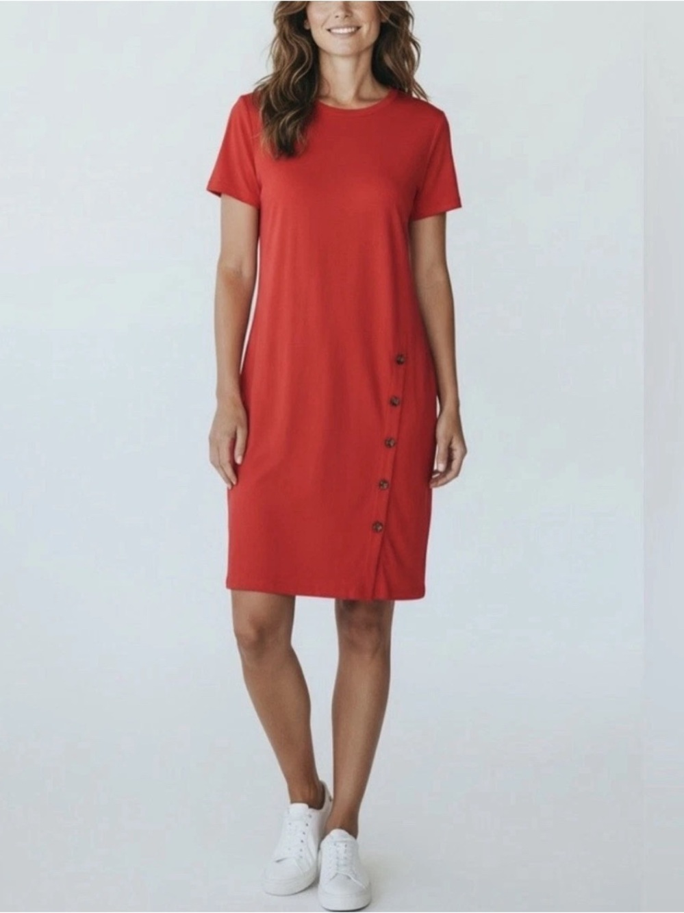 NWT J. Jill Short Sleeve Jersey Button Detail Dress Pockets Cherry Red Large